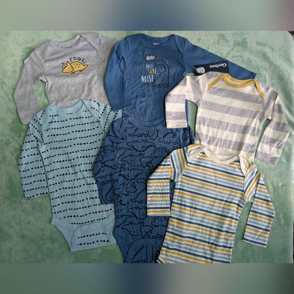Gerber Blue and Gray Dinosaur Baby Bodysuit Bundle 6-9month NWT - Picture 2 of 5